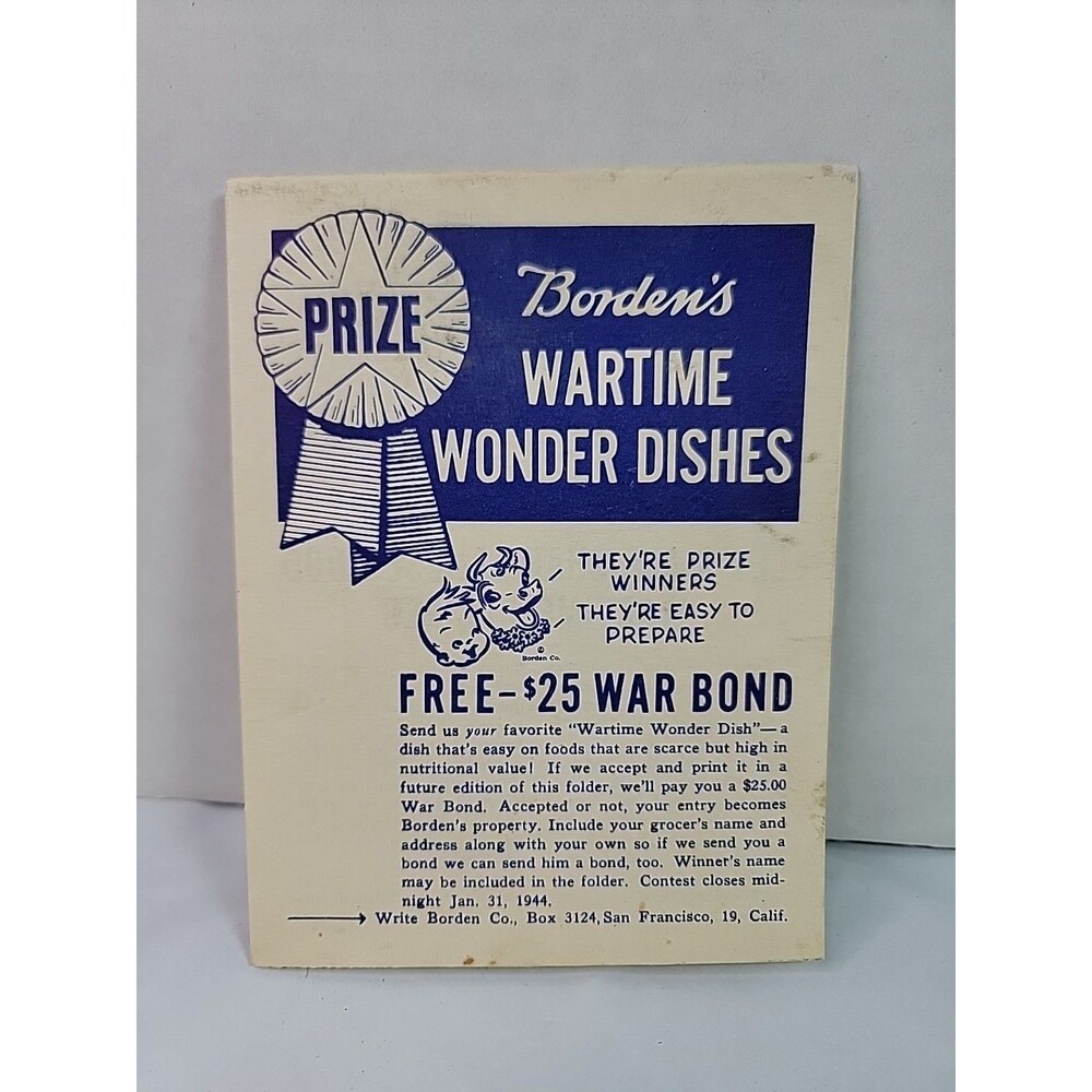 Vintage 1944 Borden’s Wartime Wonder Dishes Recipe Booklet WWII War Bond...